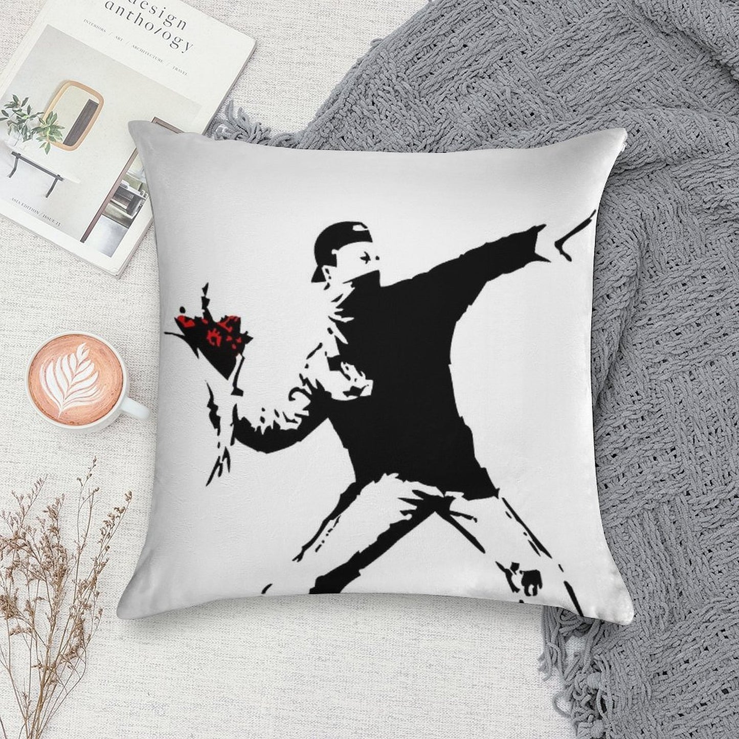 Banksy Flower Thrower! Soft Washable Throw Pillow