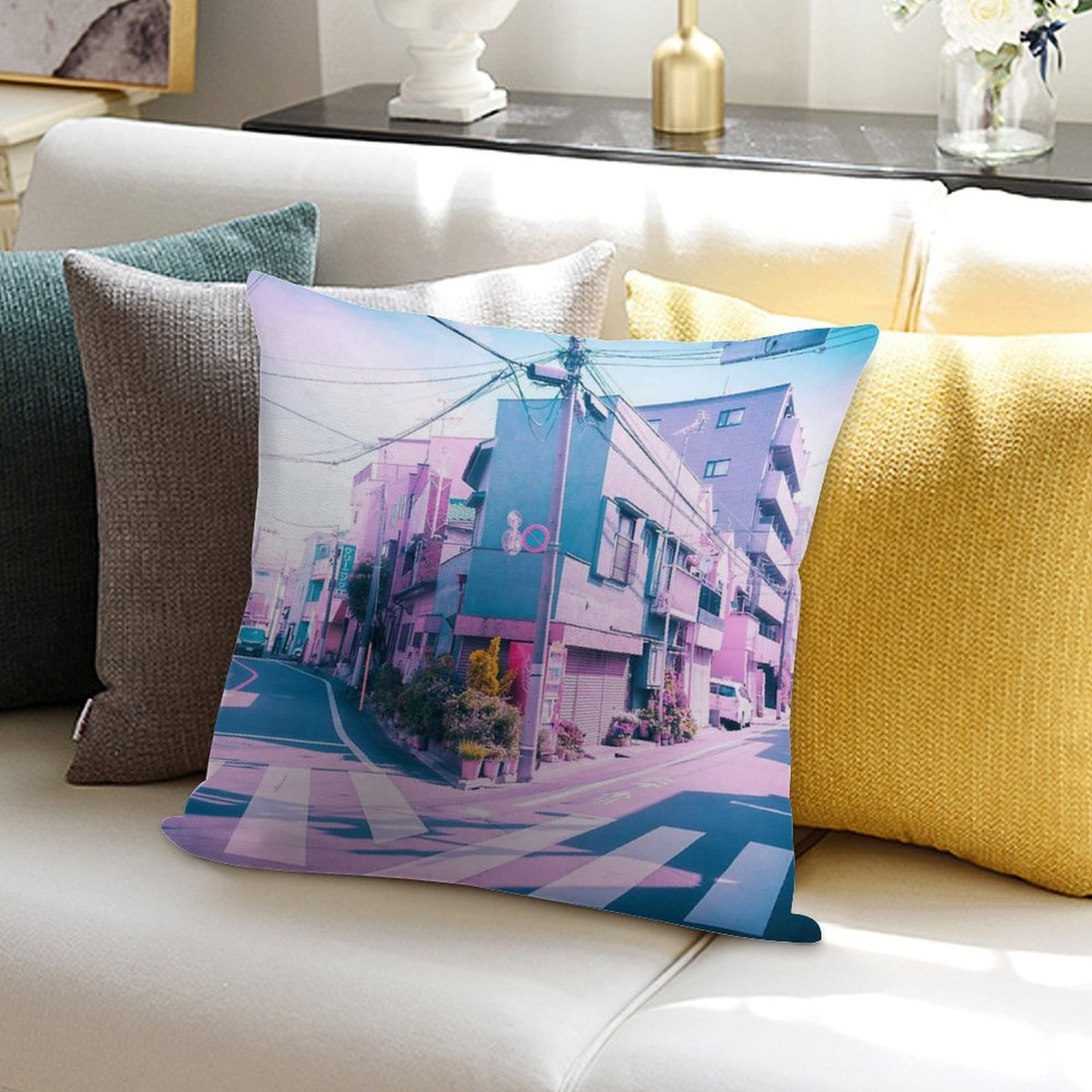 Anime in Real Life Vaporwave Summer Day in Tokyo Residential Area Soft Luxury Feel Throw Pillow