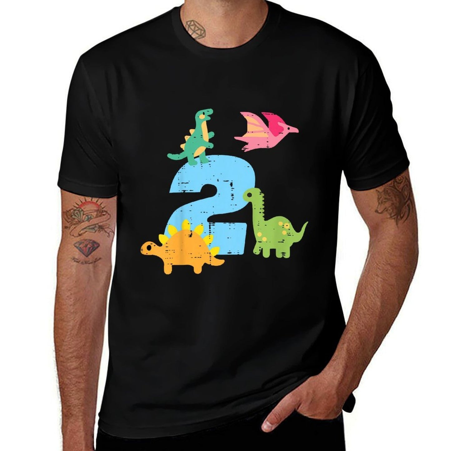 Kids 2nd Birthday Dinosaurs 2 Years Old Bday Toddler Boys Kids  Rolled Sleeves T-Shirt