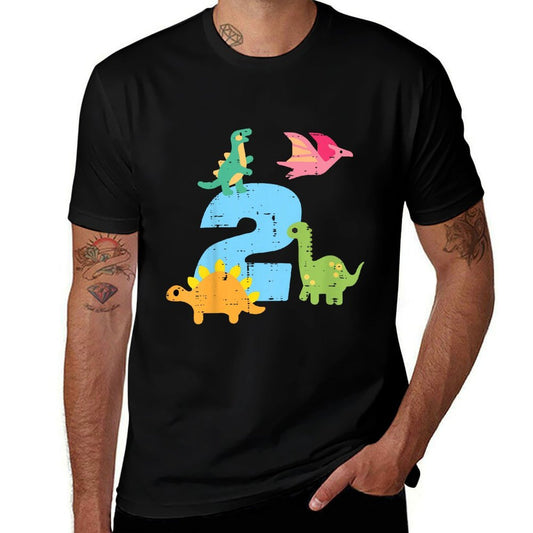 Kids 2nd Birthday Dinosaurs 2 Years Old Bday Toddler Boys Kids  Rolled Sleeves T-Shirt