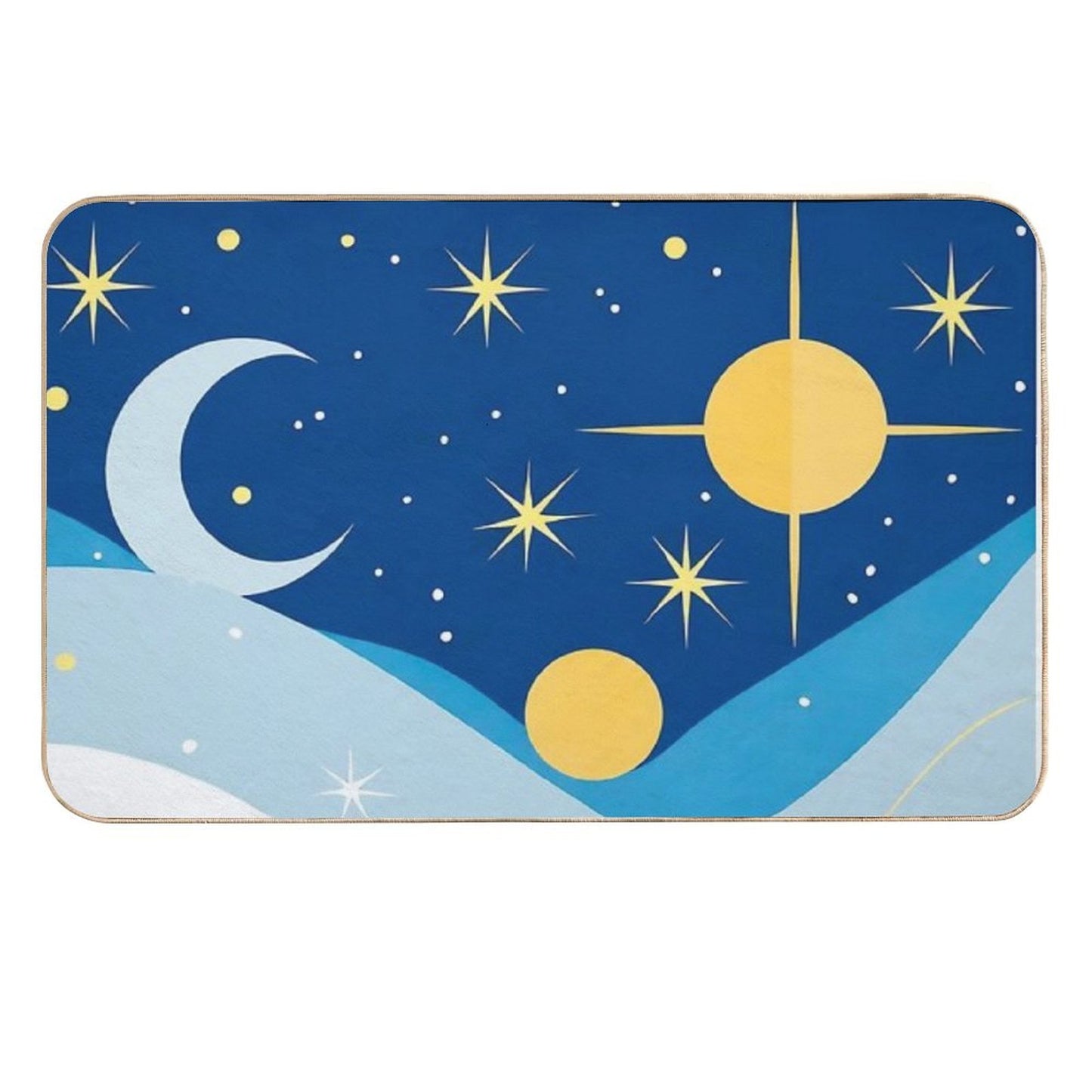 Abstract Horoscope Blue Sky Design with Stars, Moons And Suns in Deferent Shapes And Colors .  Easy To Clean Bath Mat