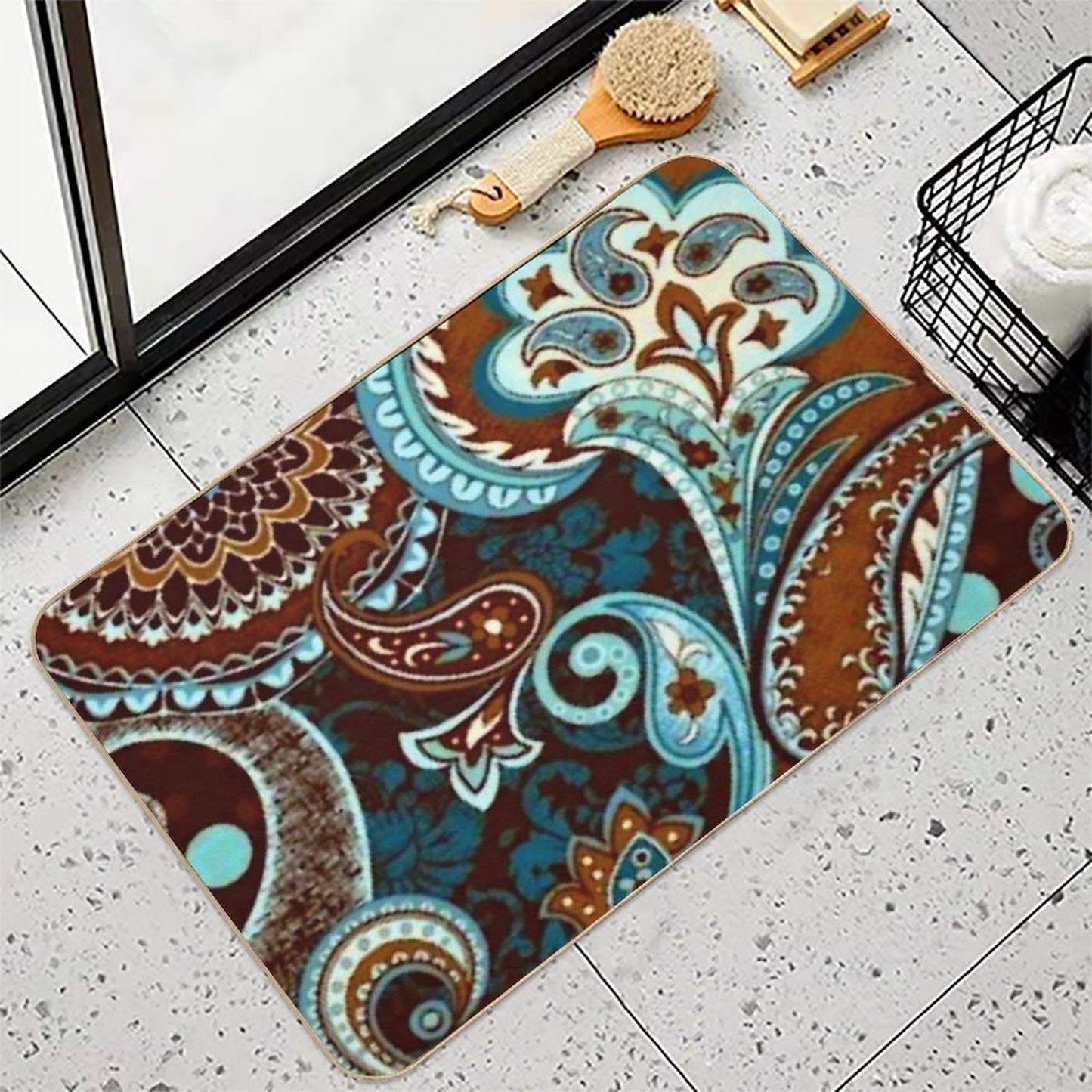 Turquoise Brown Vintage Paisley  Easy To Clean Bath Mat