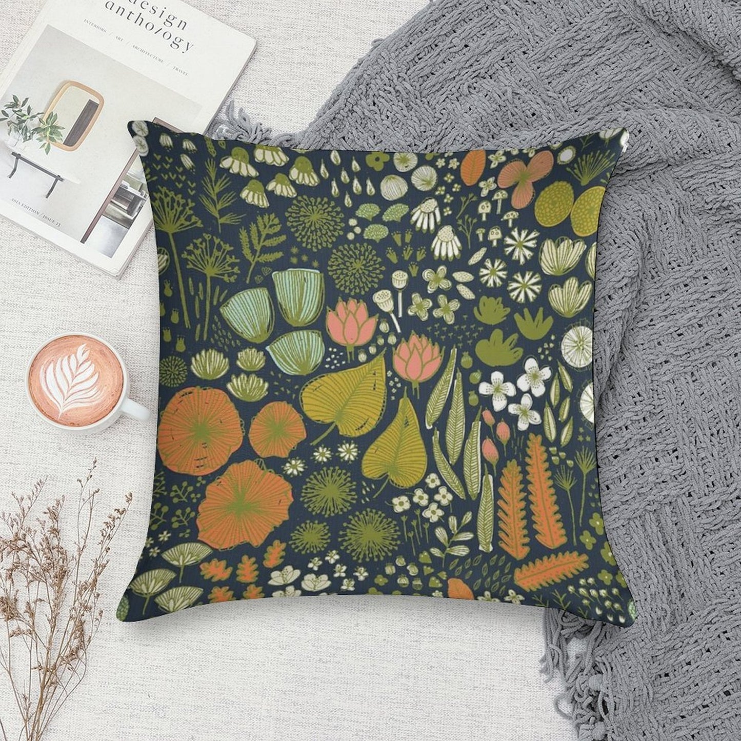 Botanical Sketchbook M+M Navy by Friztin Soft Home Decor Throw Pillow