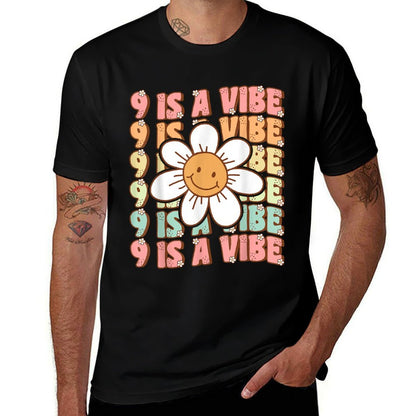 Nine Is A Vibe Cute Groovy 9th Birthday Party Daisy Flower  Easy-care T-Shirt