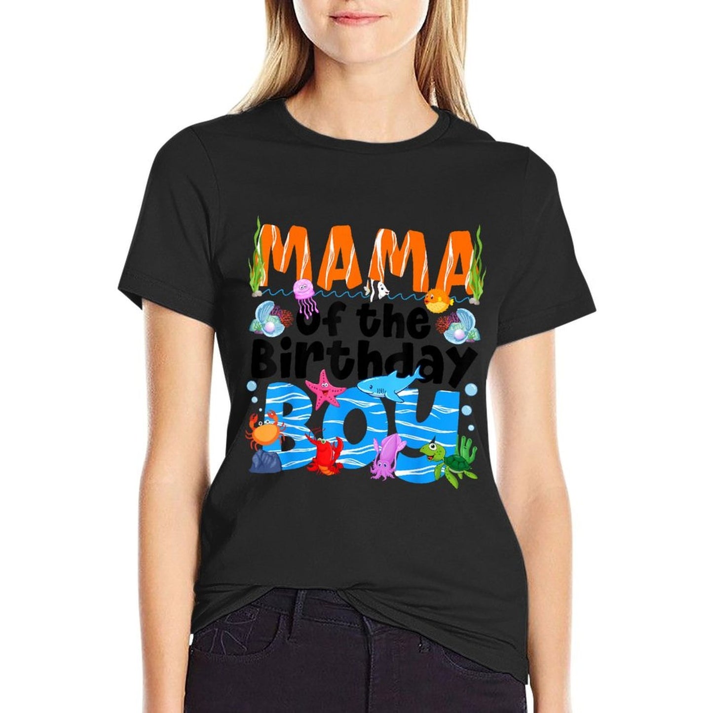 Mama Under Sea Birthday Party Boys Ocean Sea Animals Themed  Stretchy T-Shirt