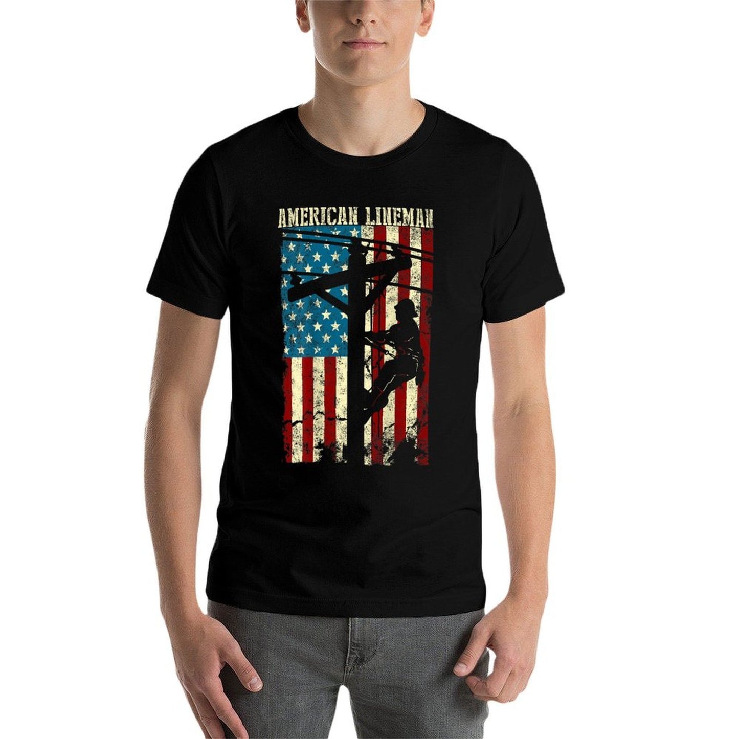 Lineman American Flag Electric Cable Patriotic Lineman  High-quality Stitching T-Shirt