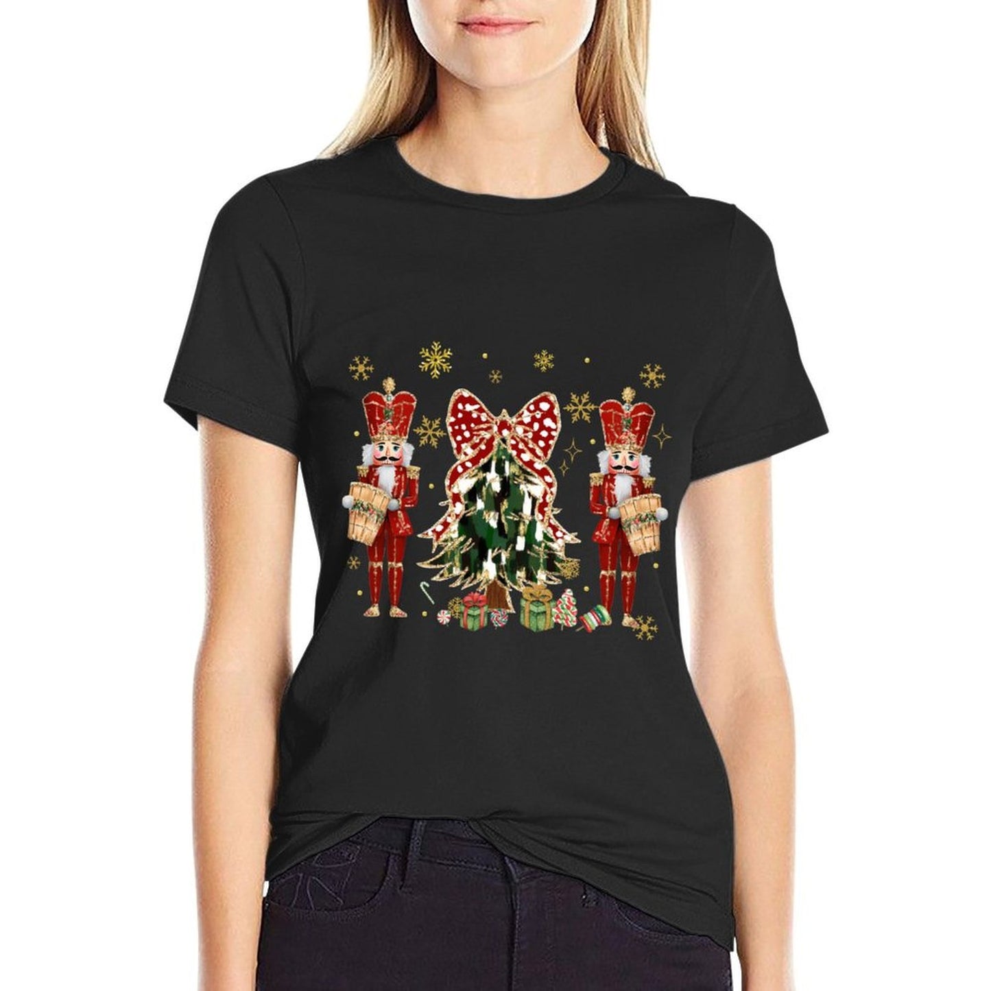 Women Christmas Tree Brushstroke Coquette Bow Red Nutcracker  High-quality Stitching T-Shirt