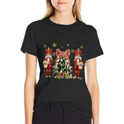 Women Christmas Tree Brushstroke Coquette Bow Red Nutcracker  High-quality Stitching T-Shirt