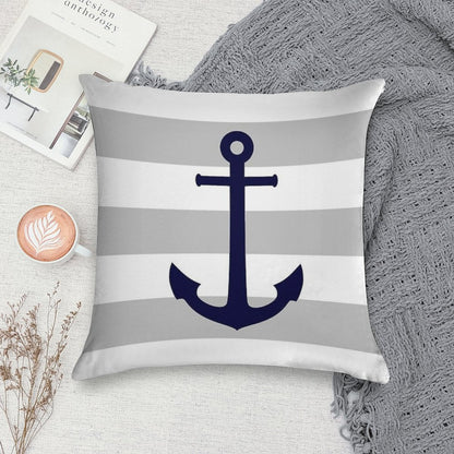 Nautical Navy Blue Anchor On Gray Stripes Soft High-Density Material Throw Pillow