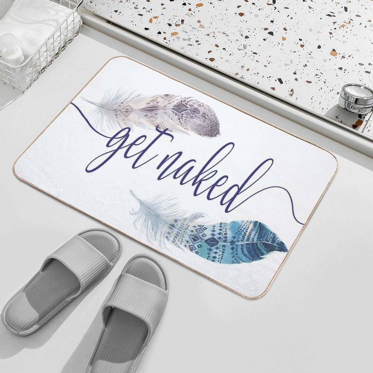 Get Naked Watercolor Boho Design with Feathers  Absorbent Bath Mat