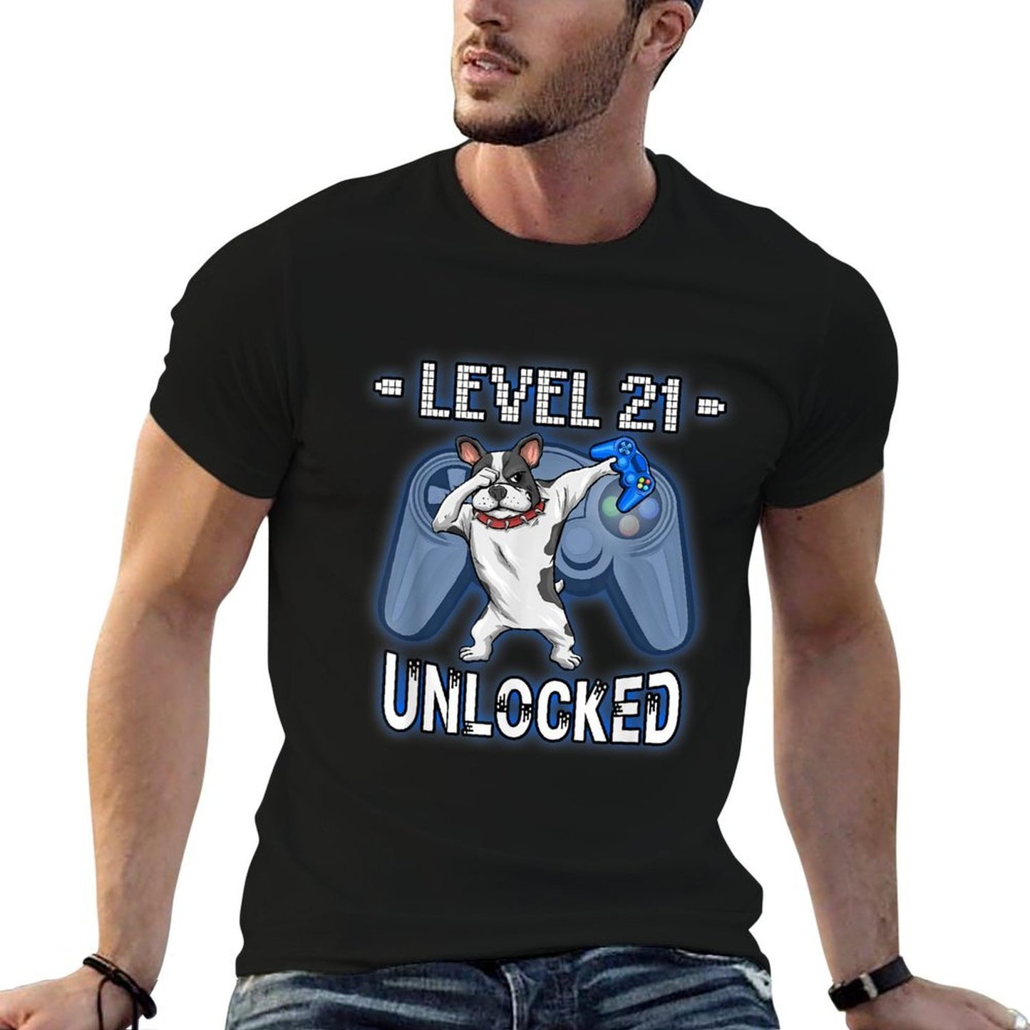 Level 21 Unlocked Dabbing French Bulldog Gamer 21st Birthday  Ribbed Collar T-Shirt
