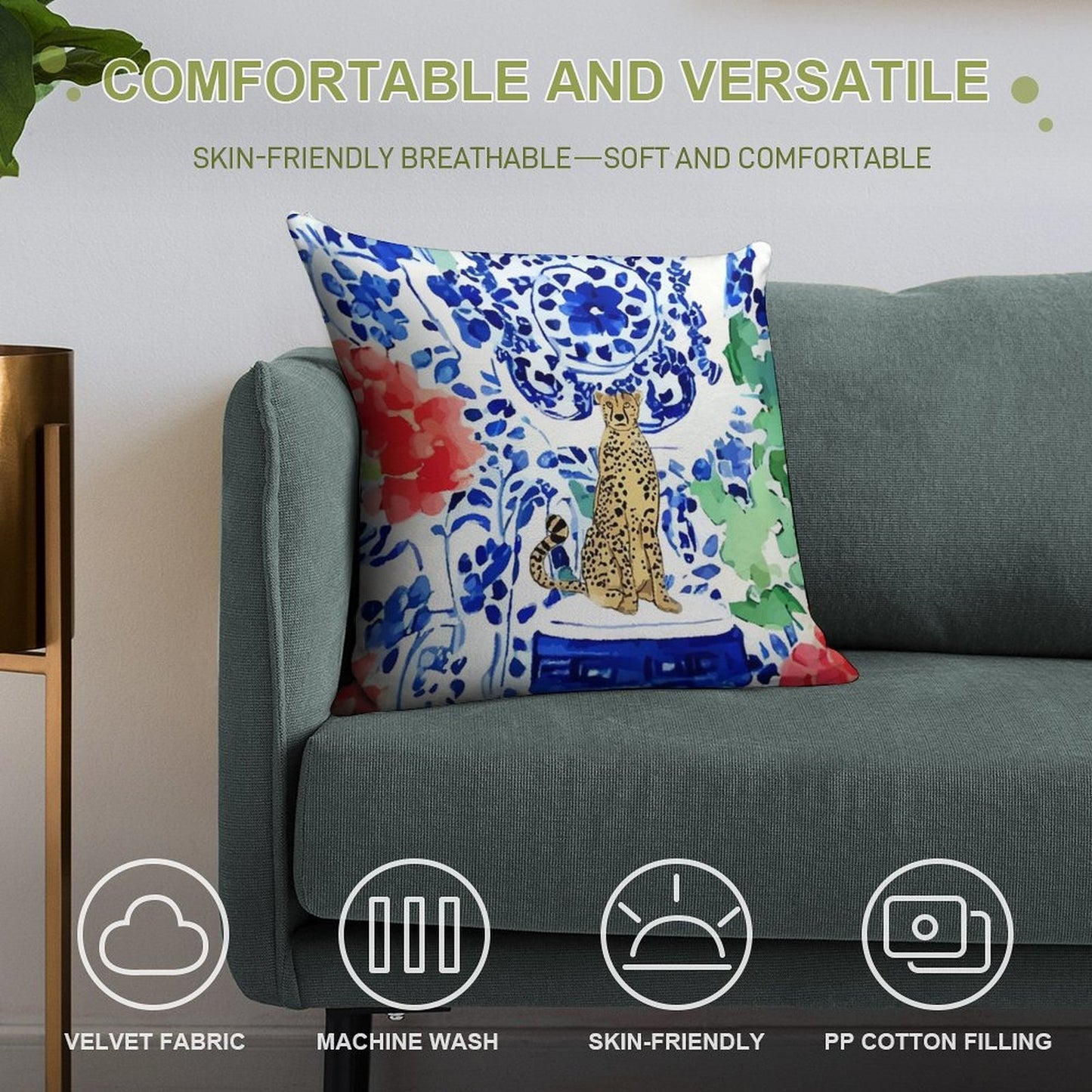 Cheetah And Chinoiserie Jars in Blue And Red Soft Easy Maintenance Throw Pillow