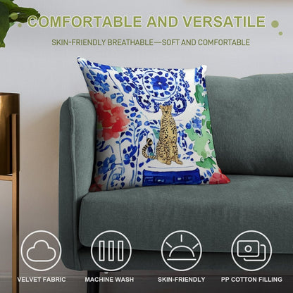 Cheetah And Chinoiserie Jars in Blue And Red Soft Easy Maintenance Throw Pillow