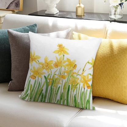 Hand Painted Yellow Daffodils Field Watercolor Soft Shrink-Resistant Throw Pillow