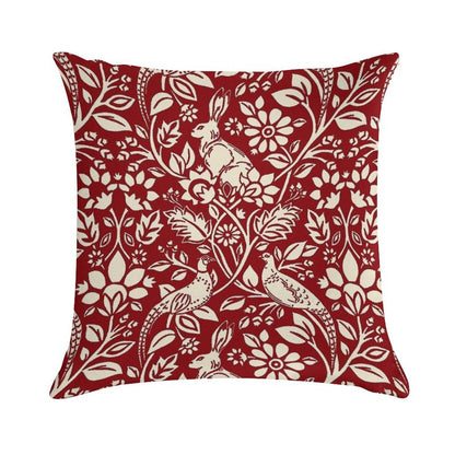 Pheasant And Hare Pattern, Deep Red And Cream Soft Gift Ready Throw Pillow