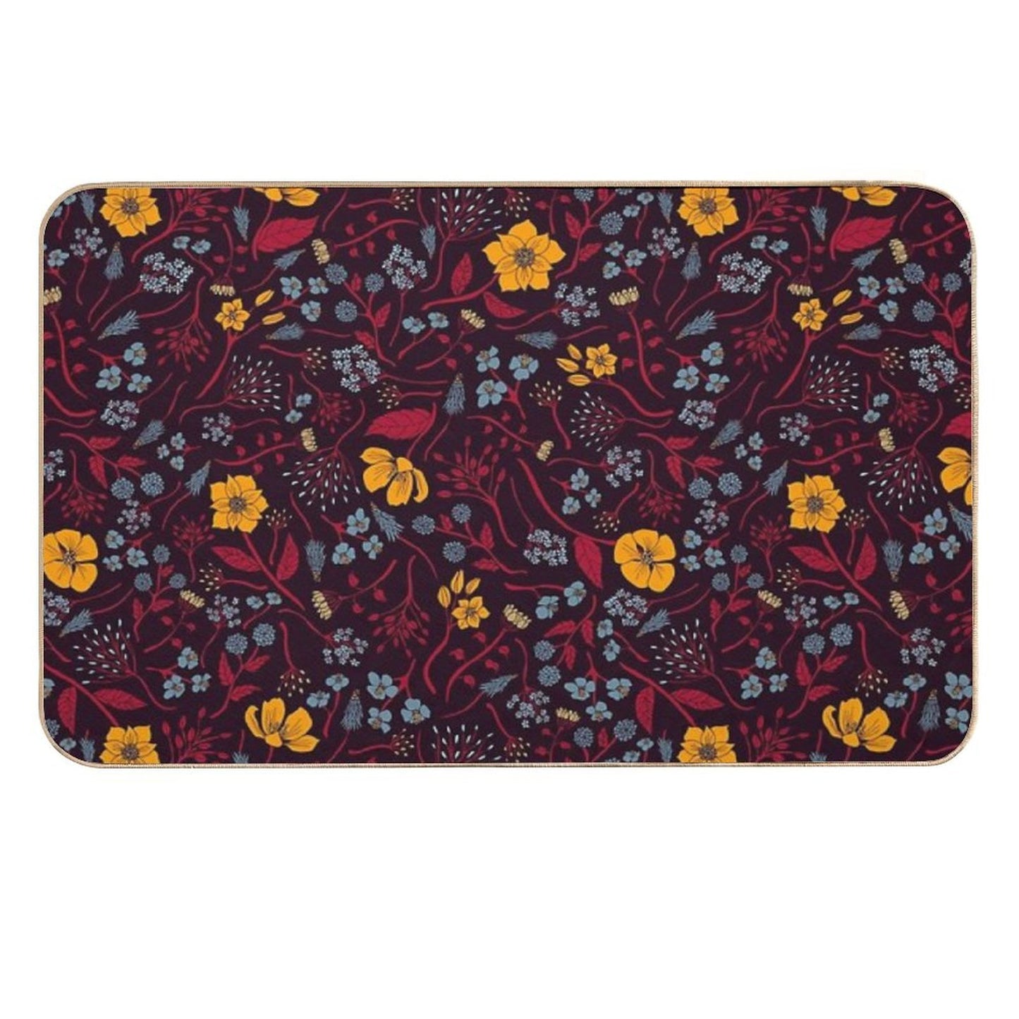 Mustard Yellow, Burgundy & Blue Floral Pattern  Easy Maintenance Bath Mat