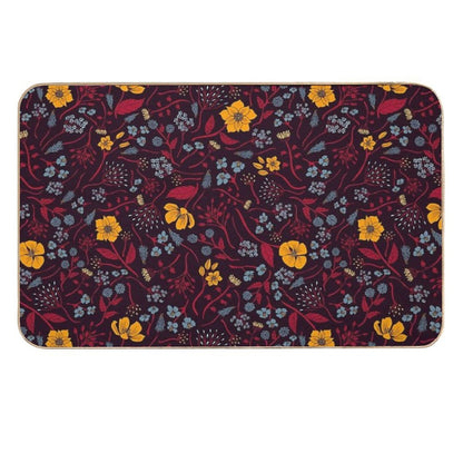 Mustard Yellow, Burgundy & Blue Floral Pattern  Easy Maintenance Bath Mat