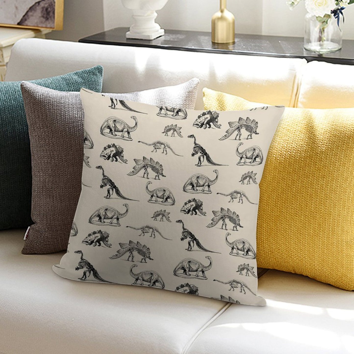 Vintage Museum Dinosaur Skeleton Illustrations, Black & Cream Dinos Soft Easy Maintenance Throw Pillow