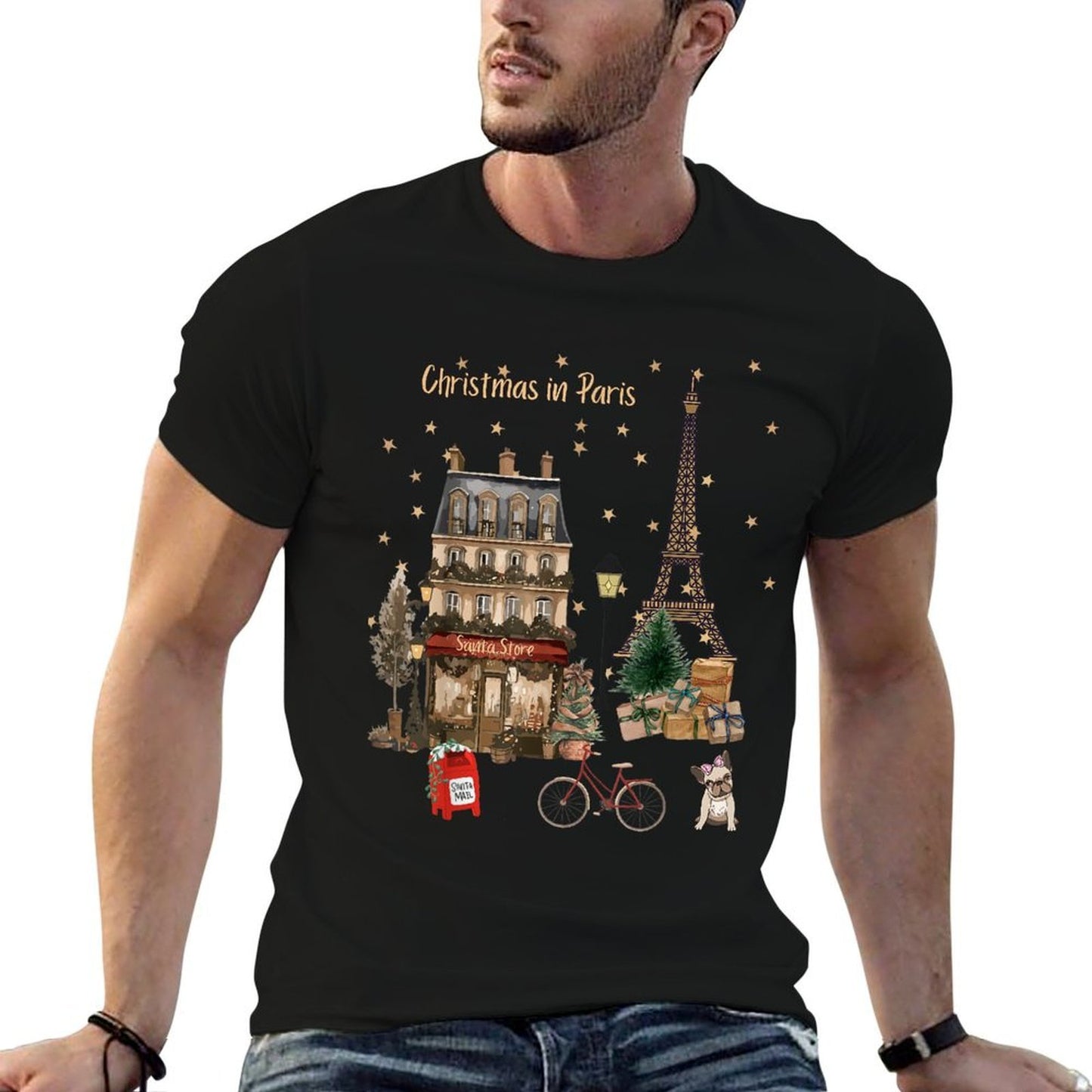 Christmas in Paris, Eiffel Tower, Store, And Festivities  Trendy Pattern T-Shirt