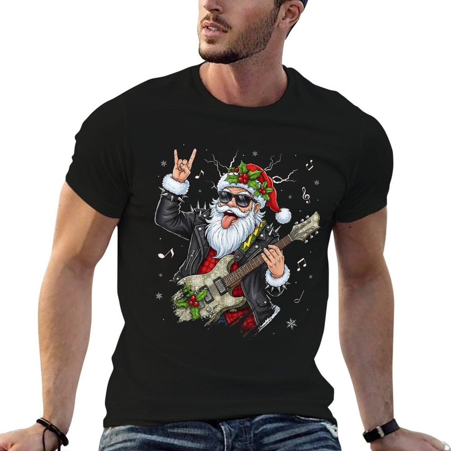 Christmas Rock  Roll Santa Claus Guitar Player Men Women  Easy-care T-Shirt