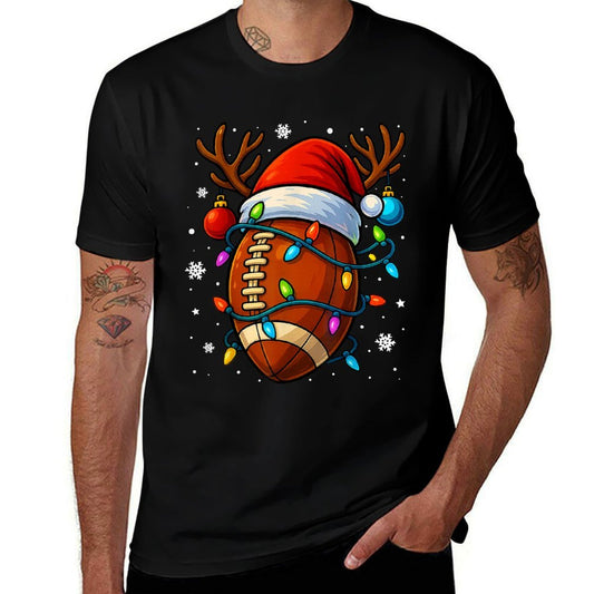 Christmas Football Santa Hat Lights Xmas Pajamas Men Boys  Relaxed-fit T-Shirt