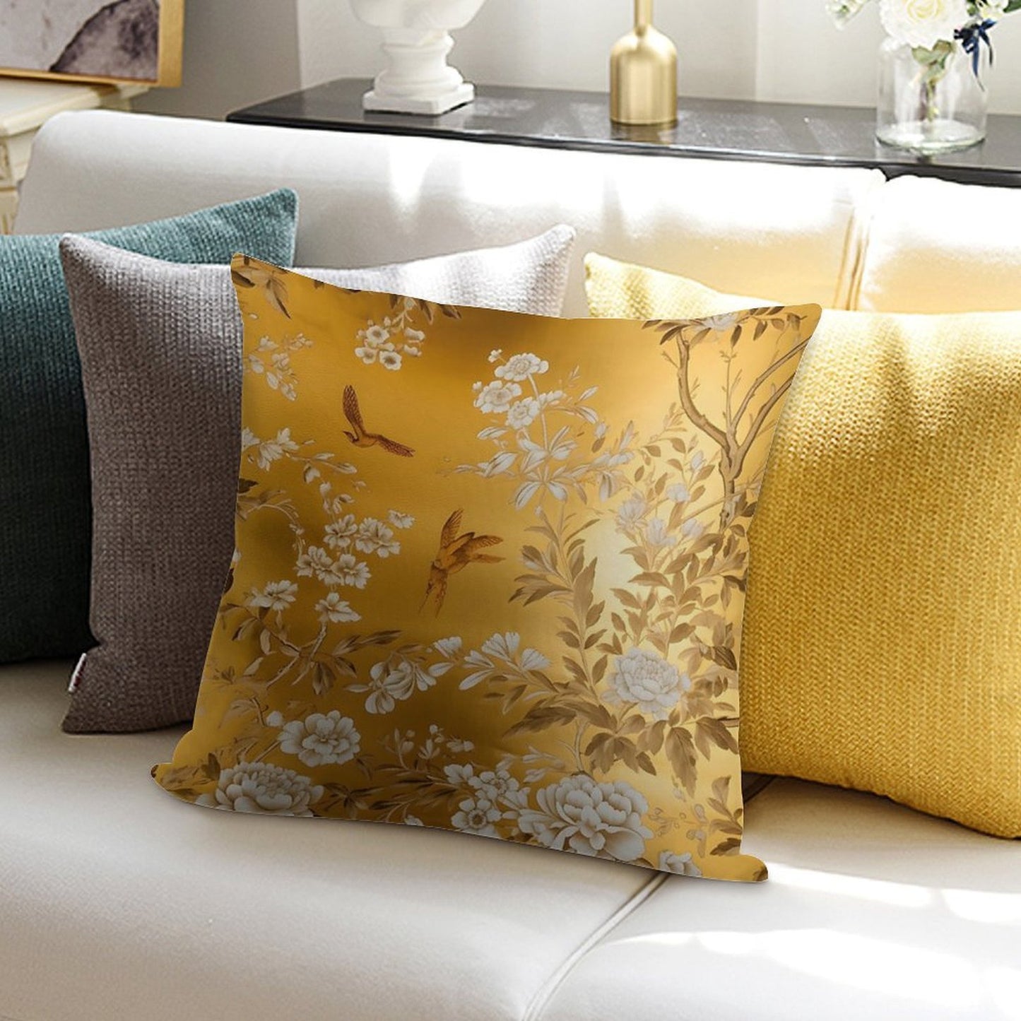 Gold Chinoiserie Floral Soft Durable Construction Throw Pillow
