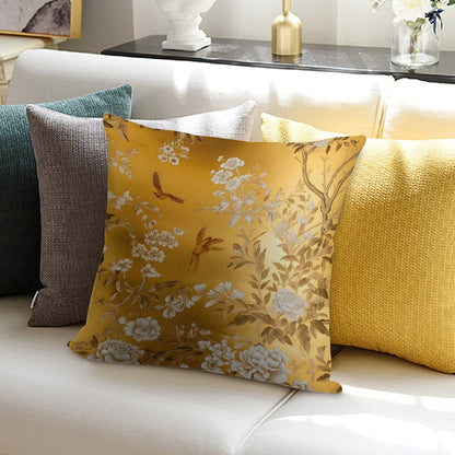 Gold Chinoiserie Floral Soft Durable Construction Throw Pillow