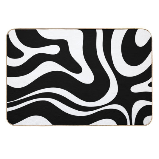 Retro Modern Liquid Swirl Abstract Pattern Square in Black And White  Easy Maintenance Bath Mat