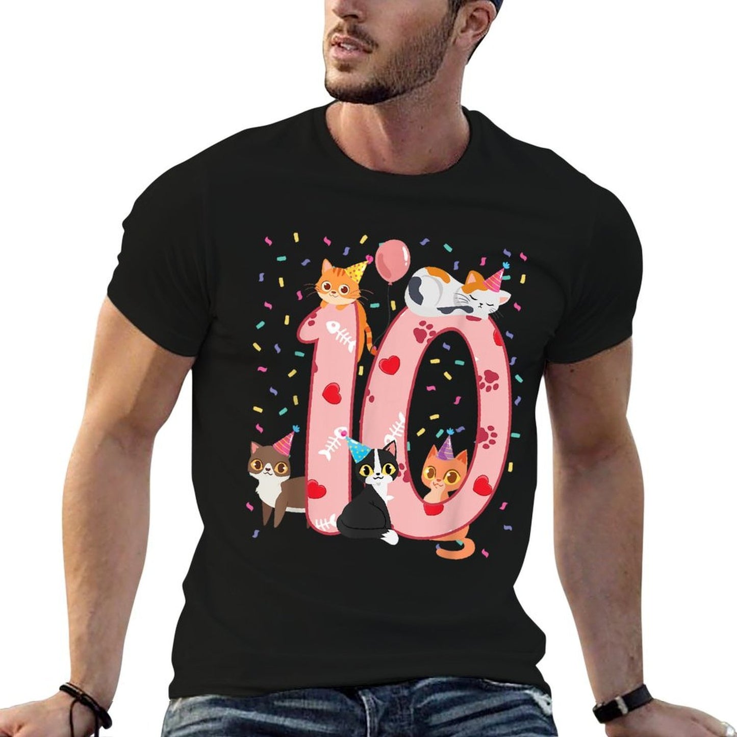 10th Birthday Girl Cute Cat Outfit 10 Years Old Bday Party  Cotton T-Shirt