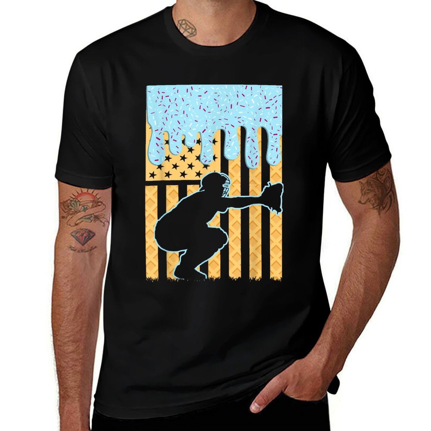 Ice Cream Baseball Drip Boys Catcher American 4th July  Rolled Sleeves T-Shirt