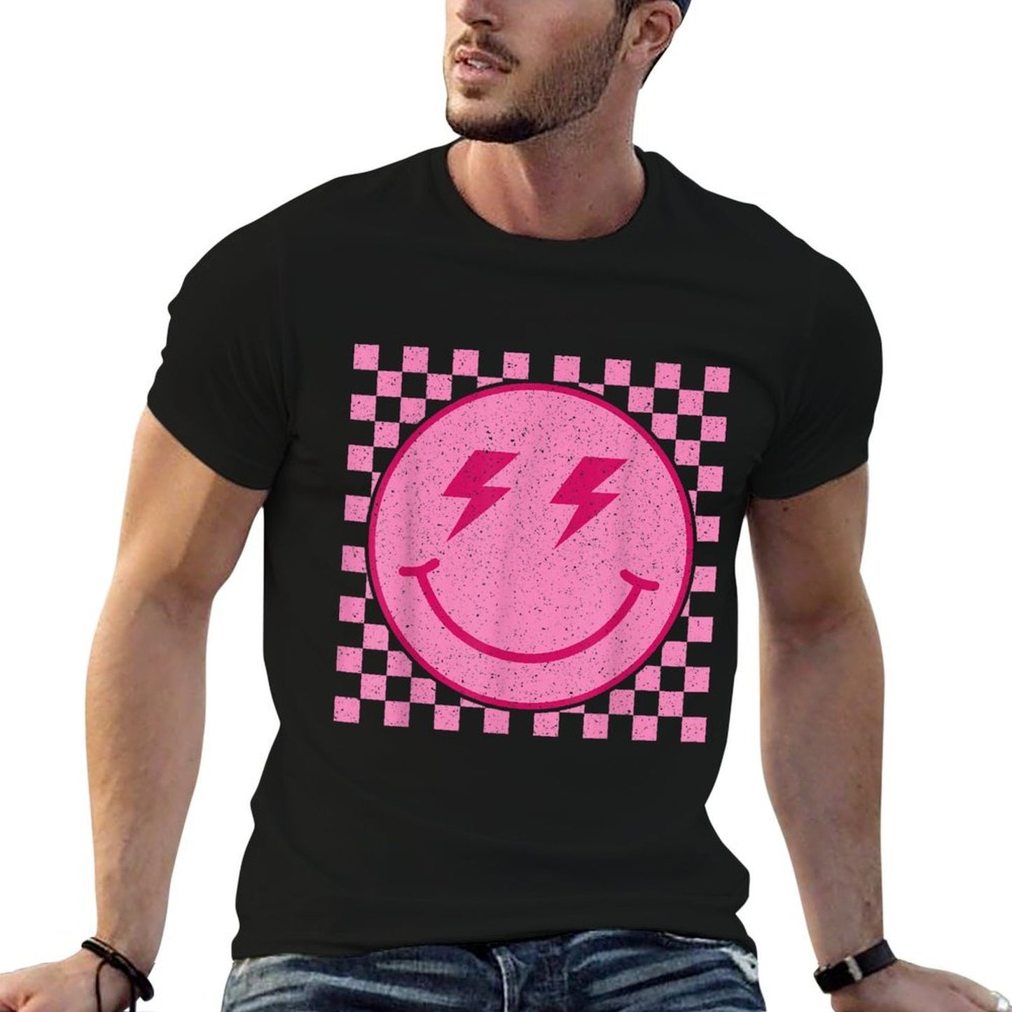 Retro Pink Happy Face Checkered Pattern Smile Face Trendy  Slim-fit Cut T-Shirt