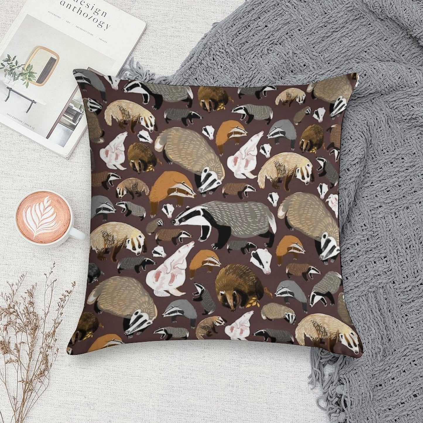 European Badger Soft Short Plush Fabric Throw Pillow