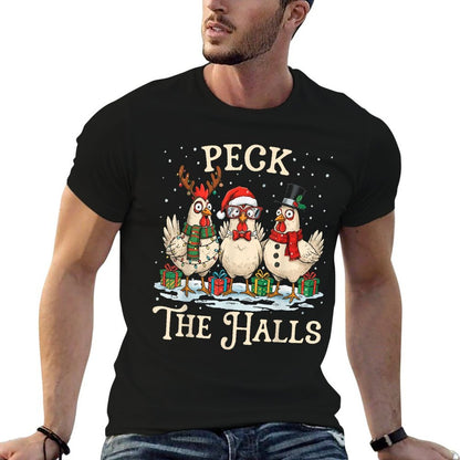 Peck The Halls Chicken Christmas Farm Animal Funny Santa Hat  Fade-proof Color T-Shirt