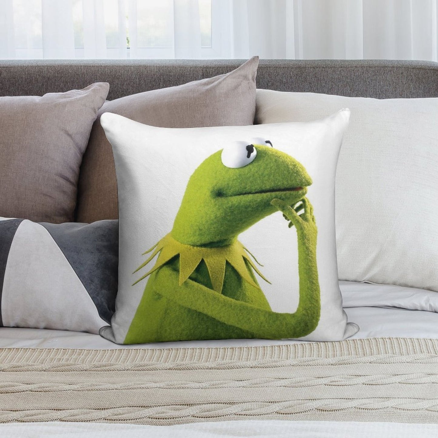 Kermit Contemplating, An Aesthetic Soft Reinforced Edging Throw Pillow
