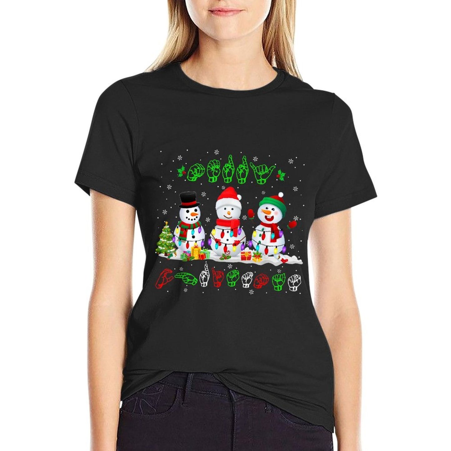 Christmas Lights Merry Christmas Snowman ASL Sign Language  Slim-fit Cut T-Shirt