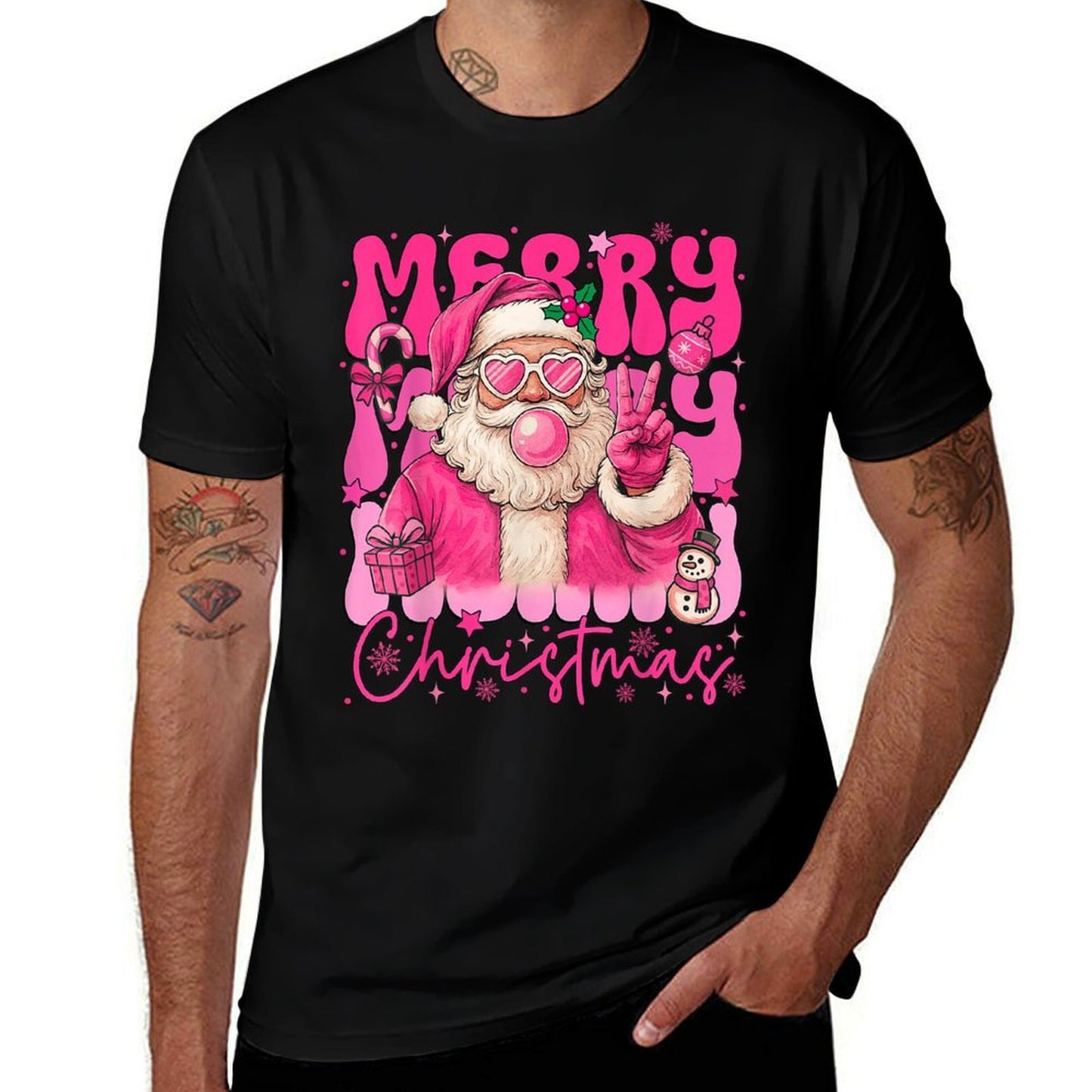 Merry Christmas Pink Santa Claus Blowing Bubble Gum Xmas  Trendy Pattern T-Shirt