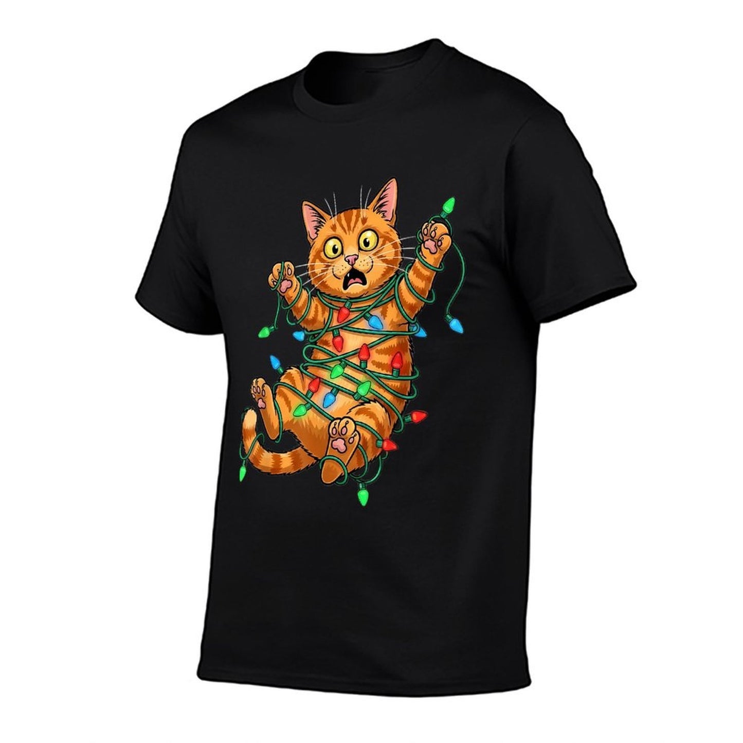 Funny Orange Cat Christmas Light Catmus  Ribbed Collar T-Shirt
