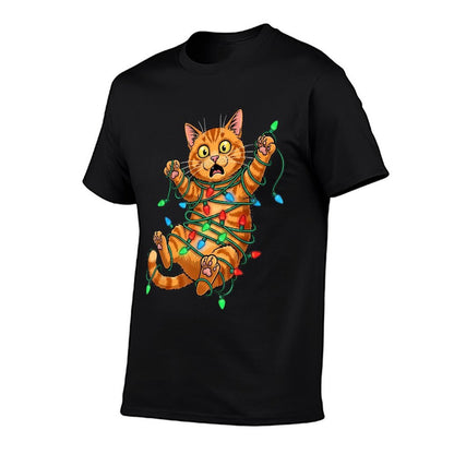 Funny Orange Cat Christmas Light Catmus  Ribbed Collar T-Shirt