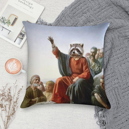 Raccoon Jesus Soft Short Plush Fabric Throw Pillow