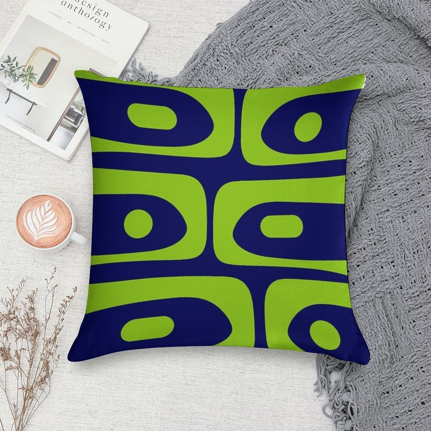 Mid Century Modern Piquet Abstract Pattern in Bright Navy Blue And Lime Green Soft Shrink-Resistant Throw Pillow