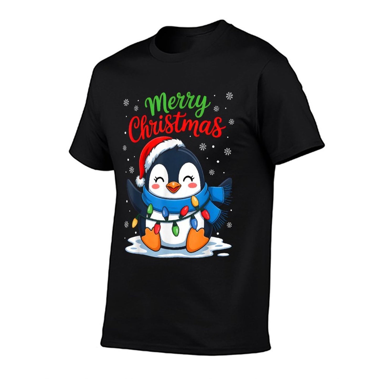 Merry Christmas Penguin Santa Hat Xmas Light Family Matching  Graphic-printed T-Shirt