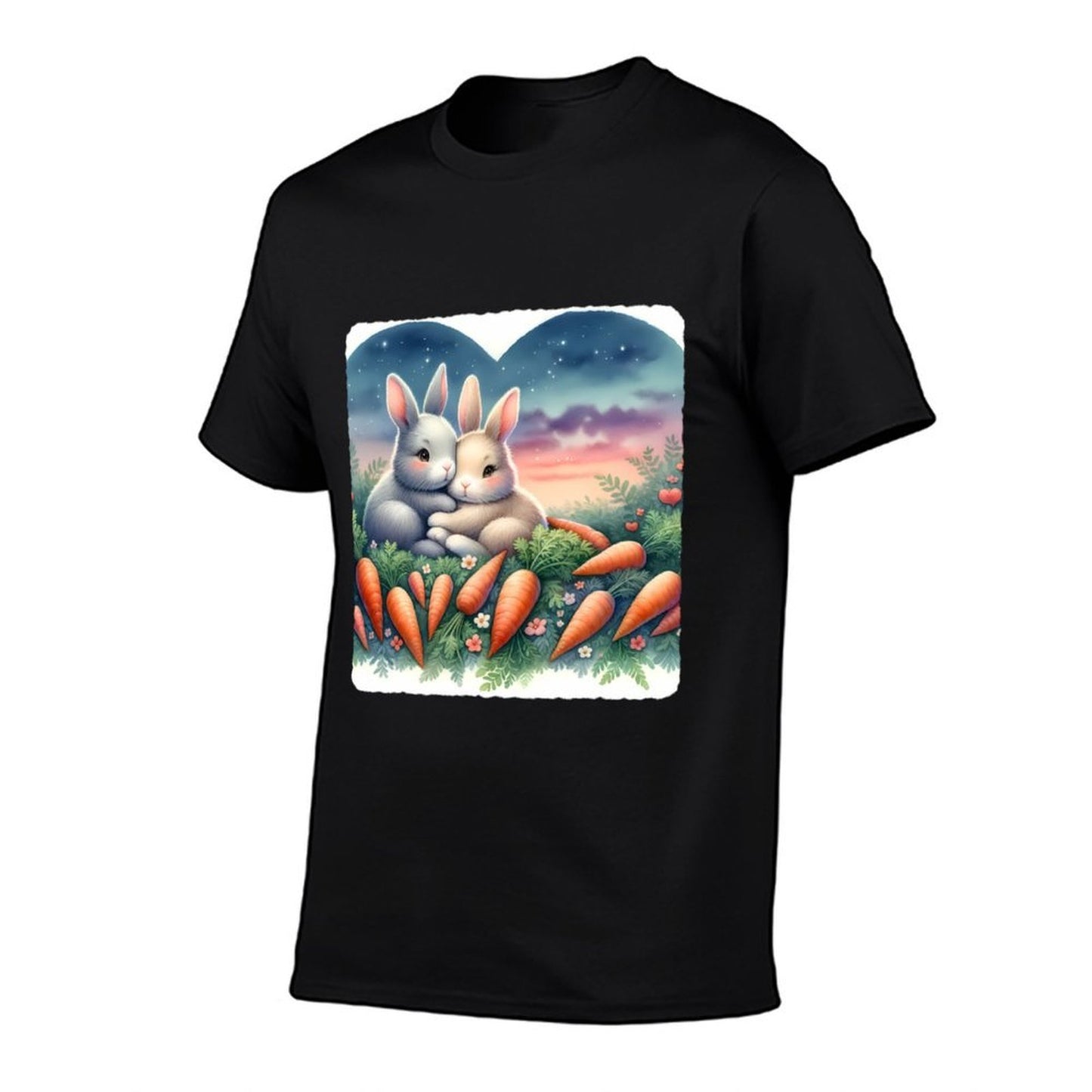 Rabbits Snuggle Among Heart-Carrots, Dusk  Easy-care T-Shirt