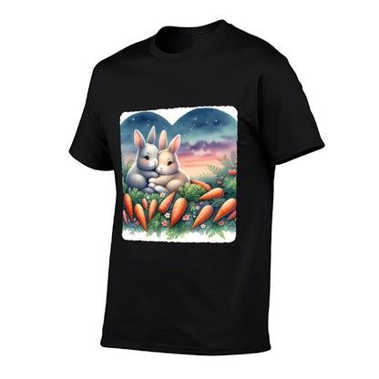 Rabbits Snuggle Among Heart-Carrots, Dusk  Easy-care T-Shirt