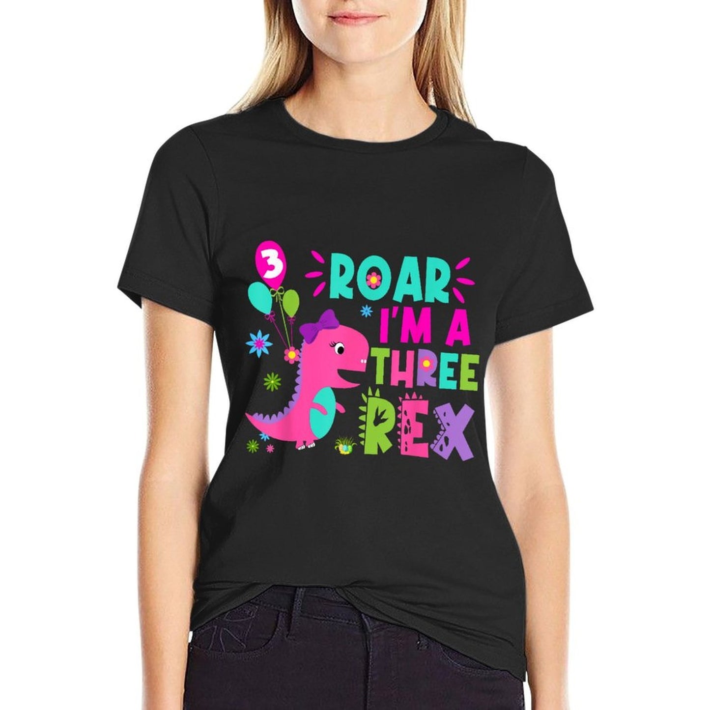 Roar I'm A Three Rex Birthday Girl Dinosaur Lover 3 Year Old  Cotton T-Shirt