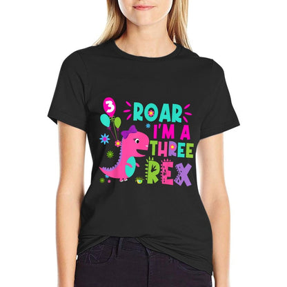 Roar I'm A Three Rex Birthday Girl Dinosaur Lover 3 Year Old  Cotton T-Shirt