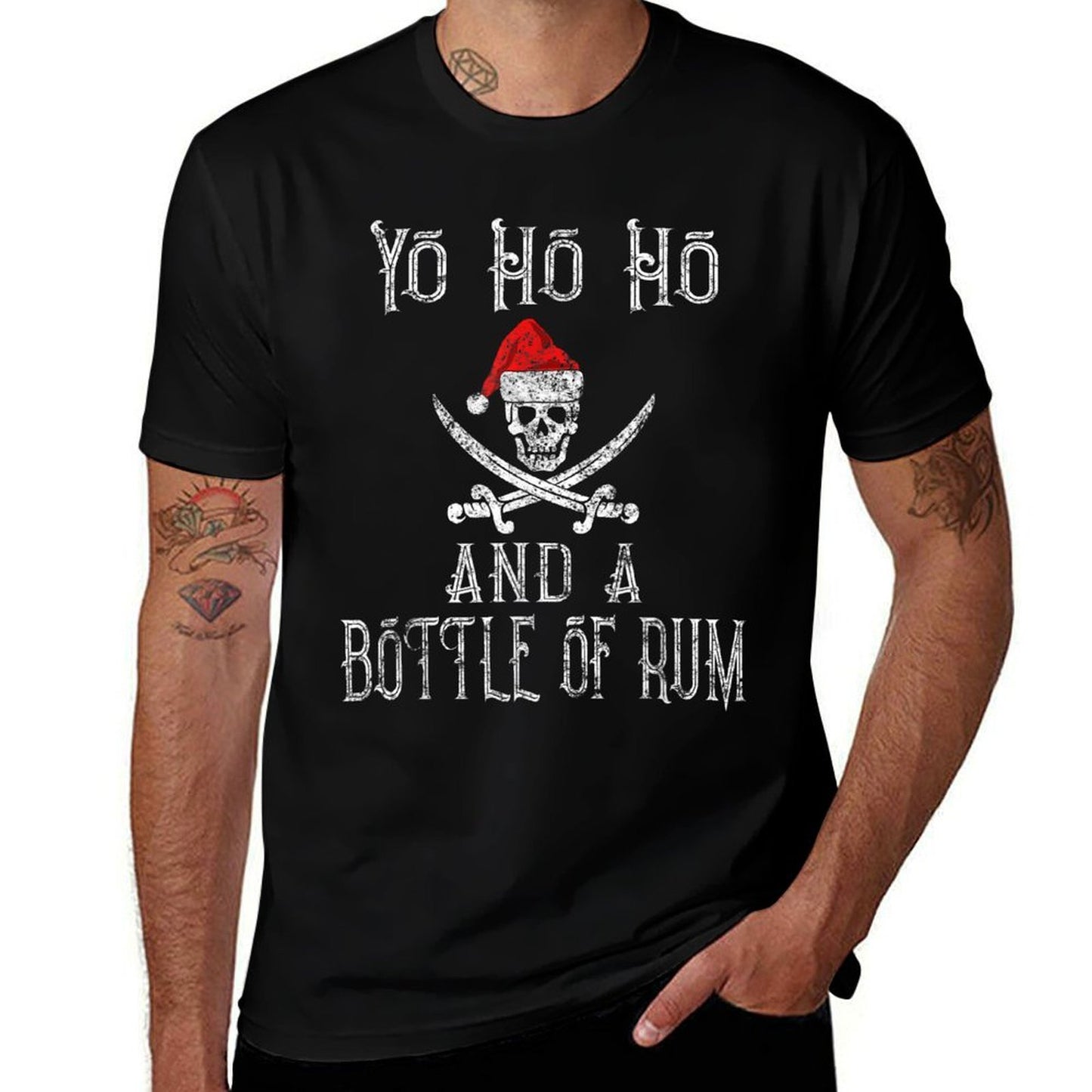 Holiday Pirate Yo Ho Ho Bottle of Rum Christmas Santa Hat  Graphic-printed T-Shirt