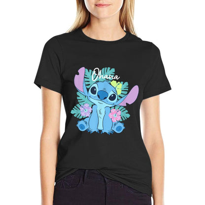 Lilo & Stitch Ohana Adorable Pose Floral Logo Soft T-Shirt