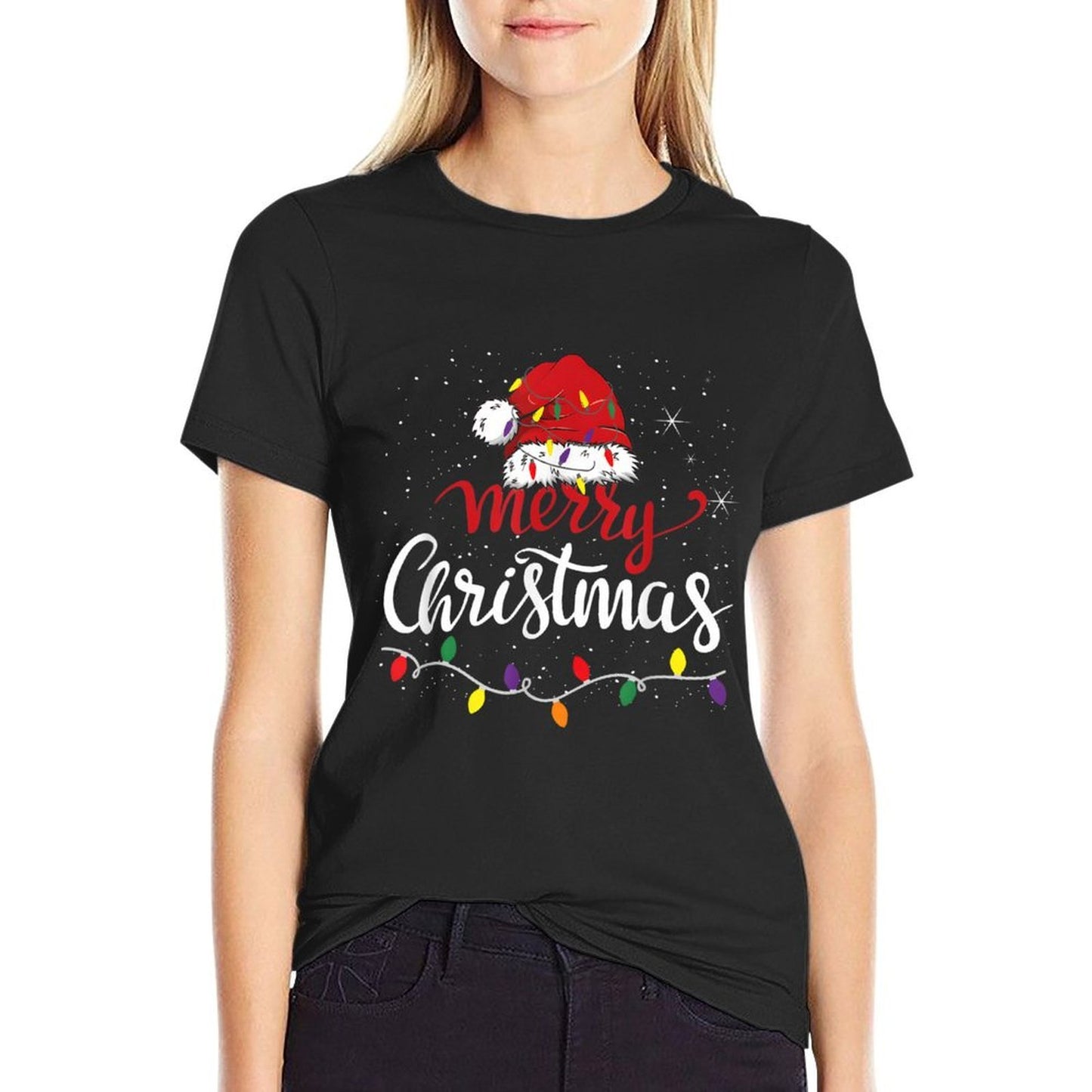 Merry Christmas Lights Red Santa Hat Xmas Family  Durable T-Shirt