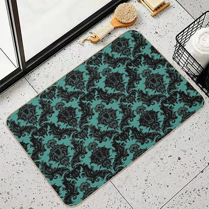 Teal Lace Victorian Wallpaper  Fade-Resistant Bath Mat