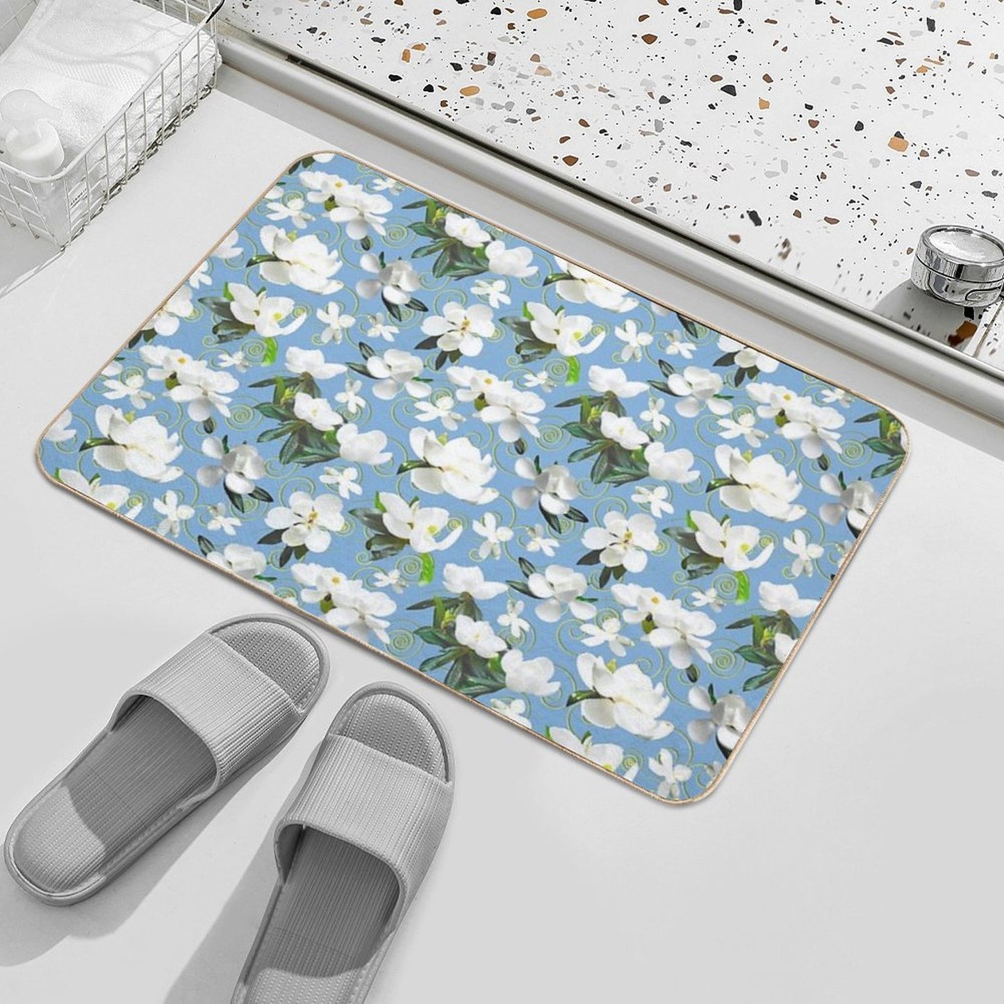 Bright Magnolia Floral Halfdrop on Blue 80afda  Fade-Resistant Bath Mat
